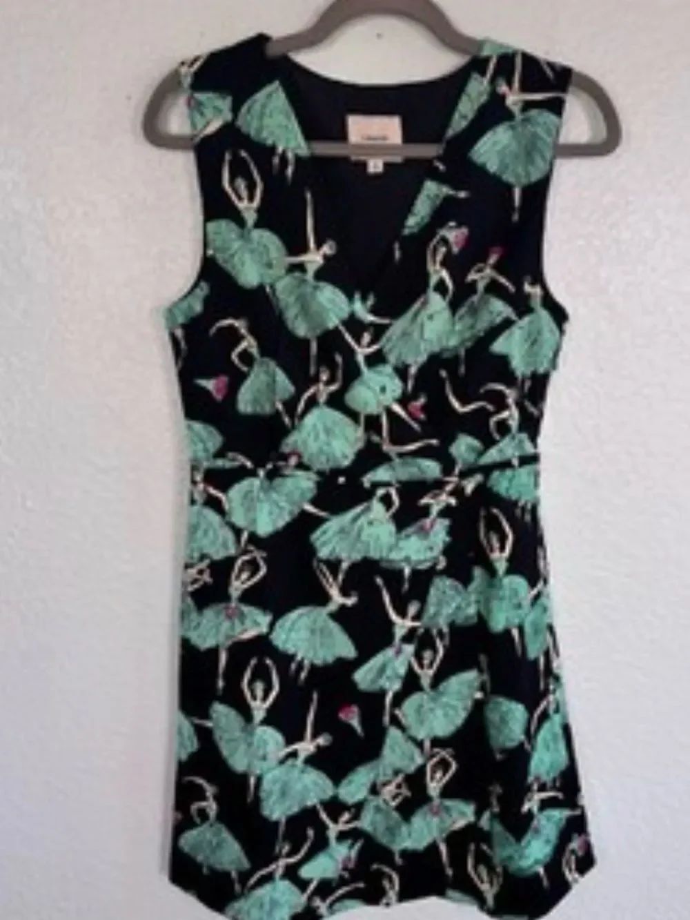 0084 Sleeveless Black Mini Dress with Mint Ballerina Print